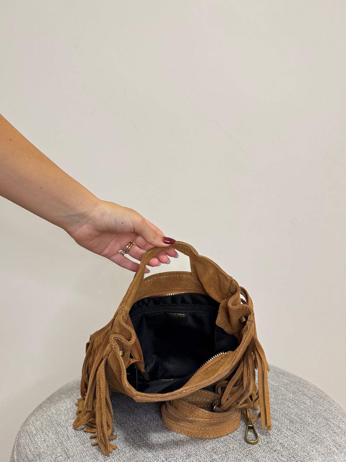 Borsa scamosciata Cuoio Vera pelle Frange