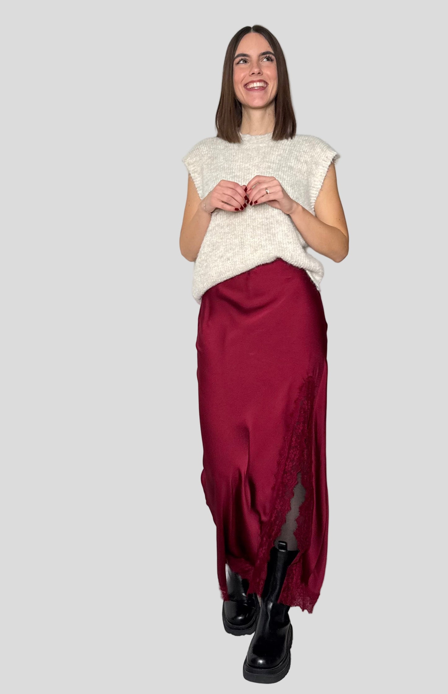 Gonna lunga satin pizzo Ludo Bordeaux