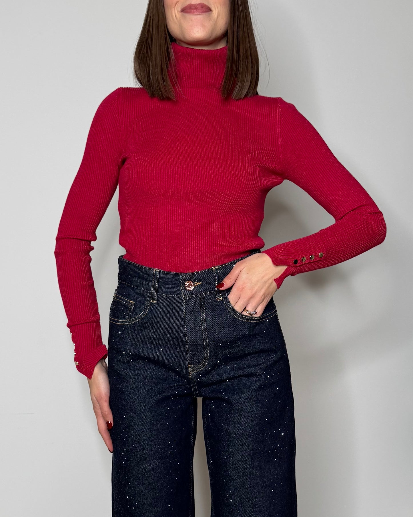 Maglia dolcevita in calda viscosa a costine Rossa