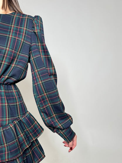 Abito Svolazzante Tartan in viscosa Verde/blu