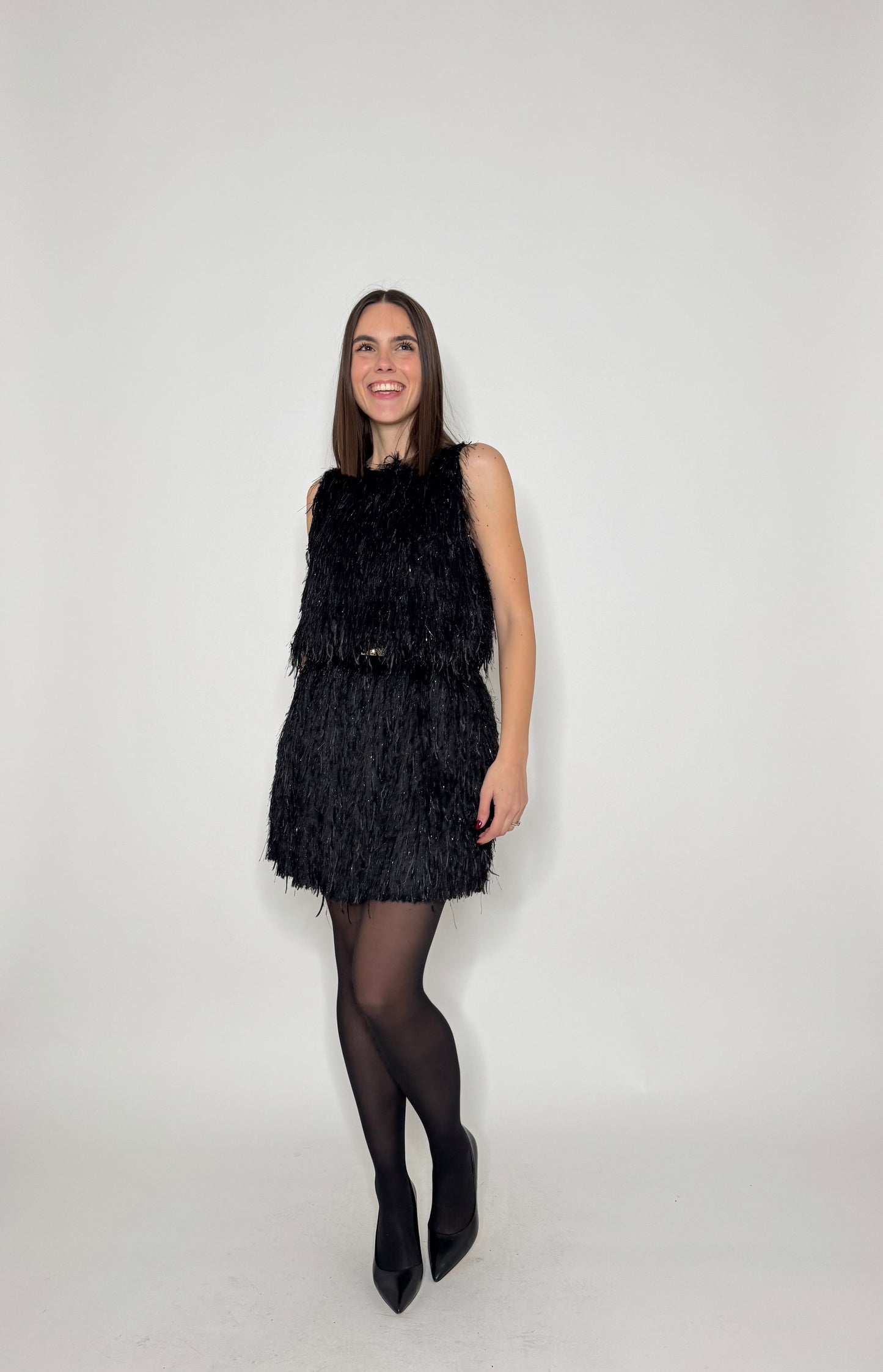 Abito piume in viscosa lurex nero