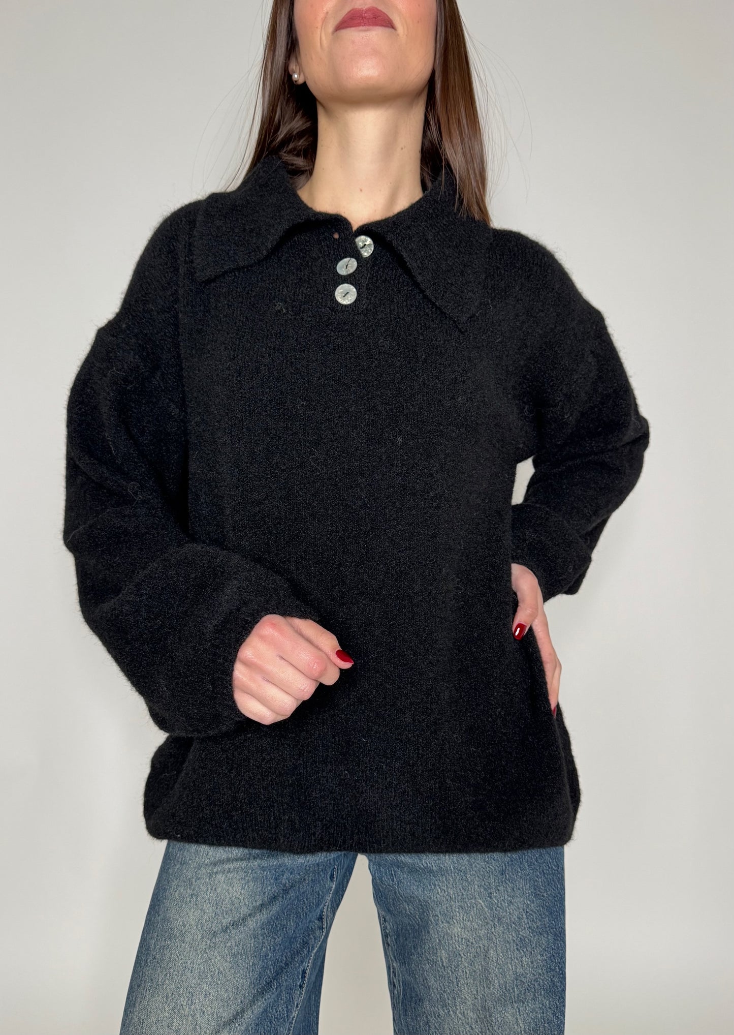 Pullover polo basic misto lana e alpaca