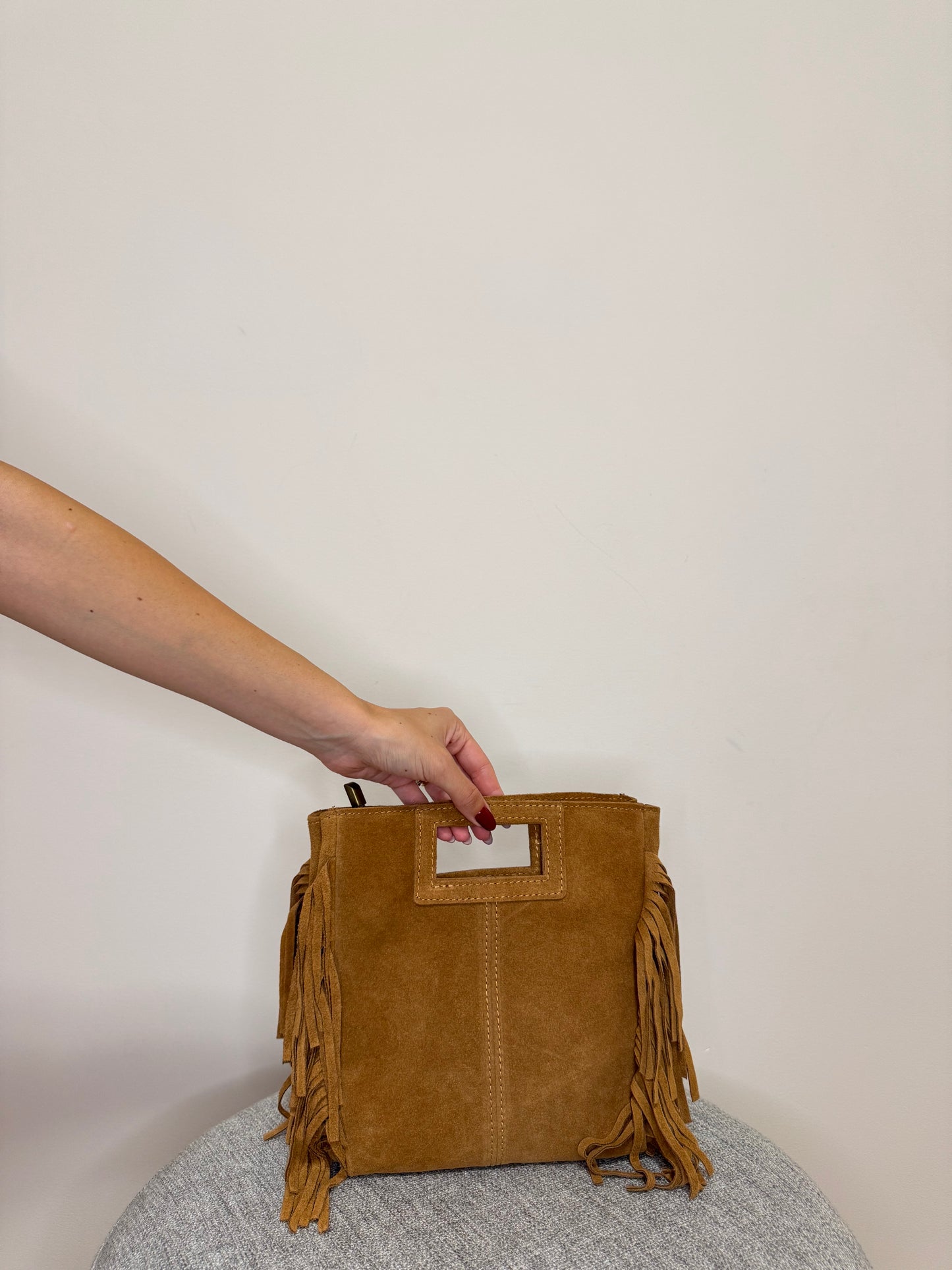 Borsa scamosciata Cuoio Vera pelle Frange