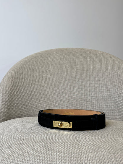 Cintura alta regolabile stile Hermès in vera pelle camoscio nero 4cm