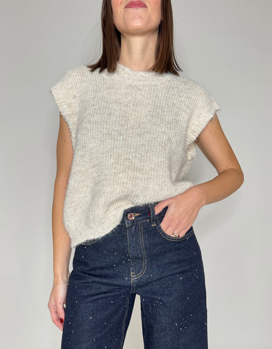 Gilet in maglia calda viscosa filo lurex panna