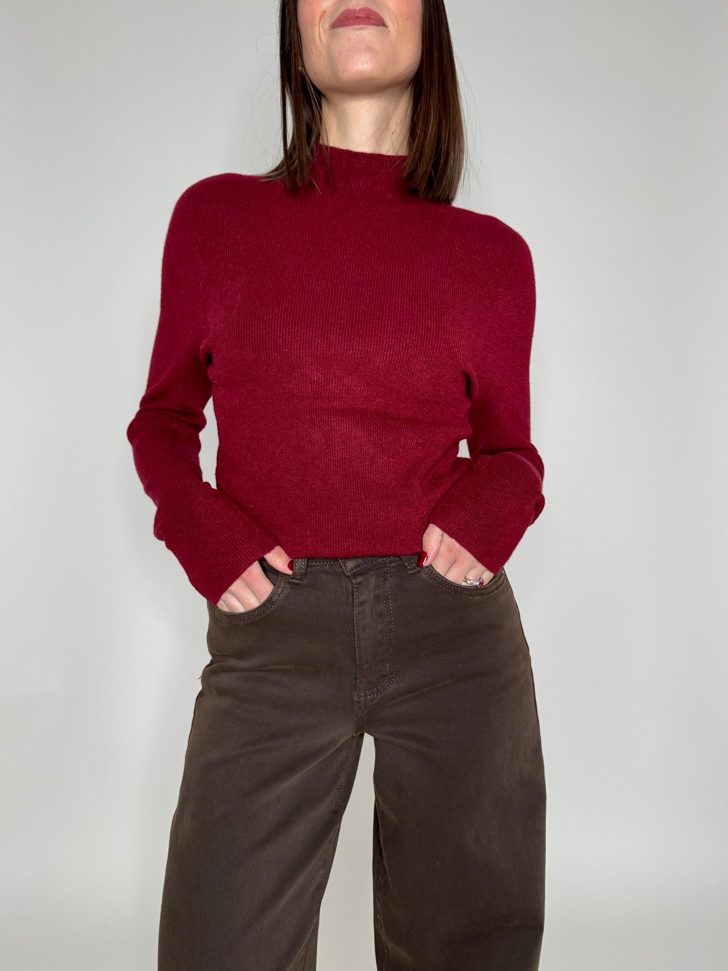 Maglia mezzo collo in misto lana e viscosa Bordeaux