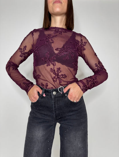 Maglia tulle ricamato Borgogna