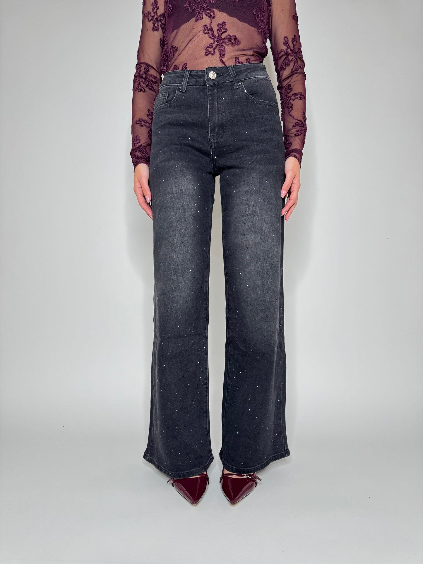 Jeans wide leg strass black slavato