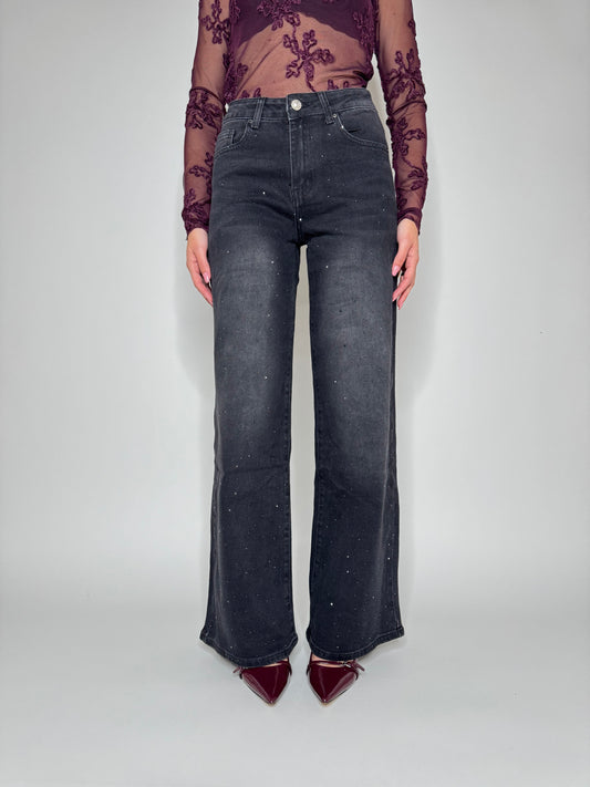 Jeans wide leg strass black slavato