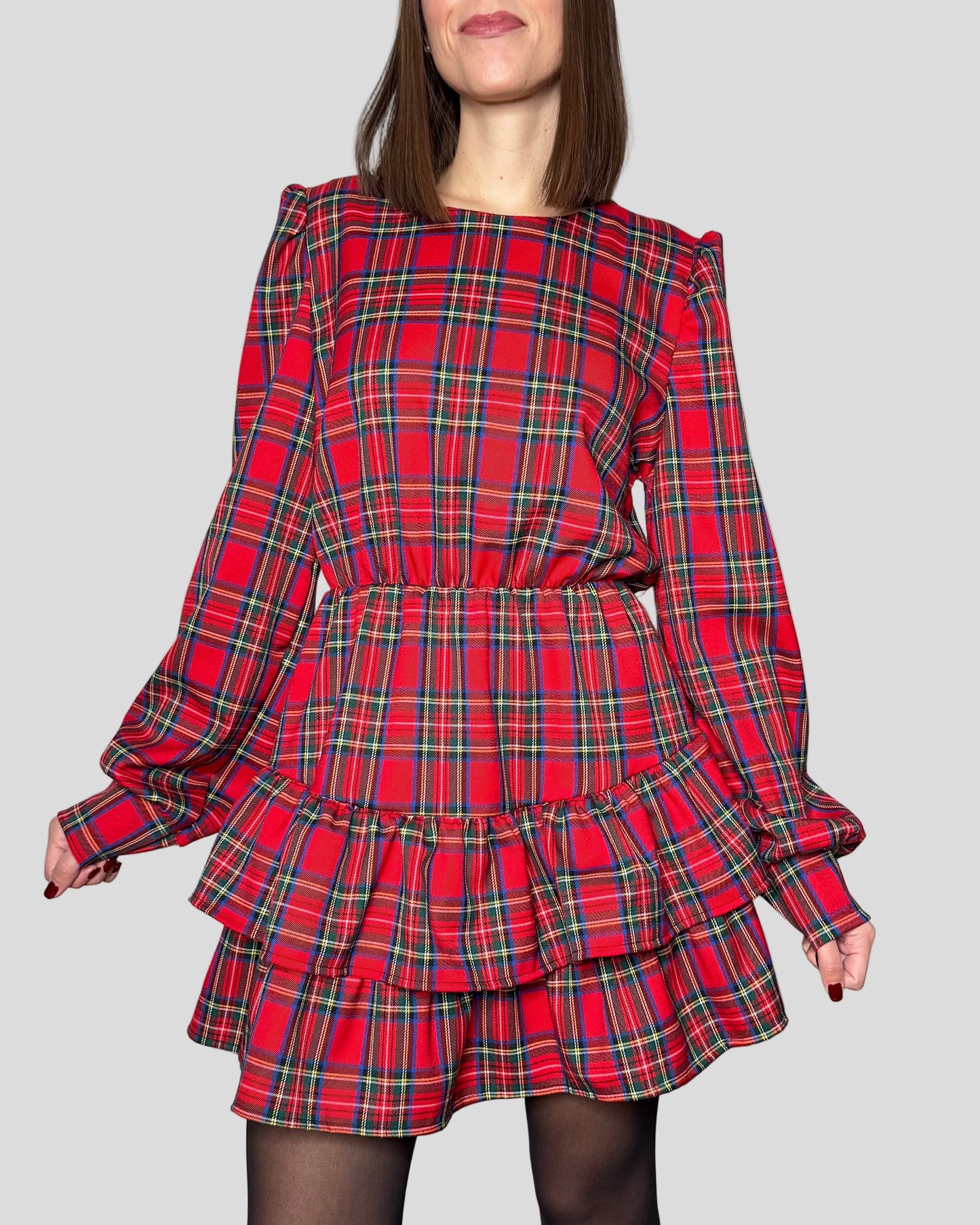 Abito Svolazzante Tartan in viscosa Rosso