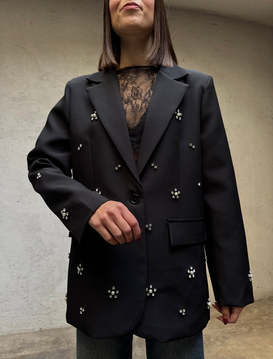 Giacca monopetto swarovski e perle nero