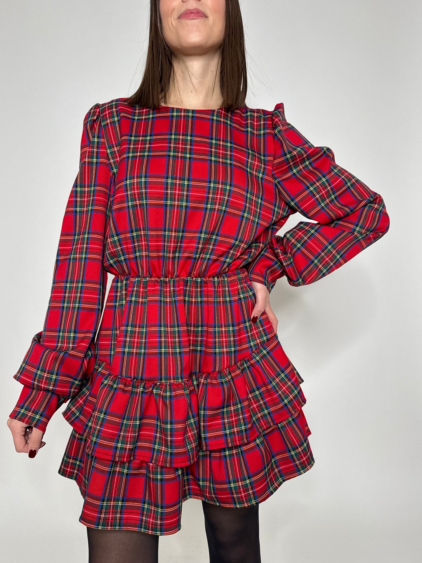 Abito Svolazzante Tartan in viscosa Rosso