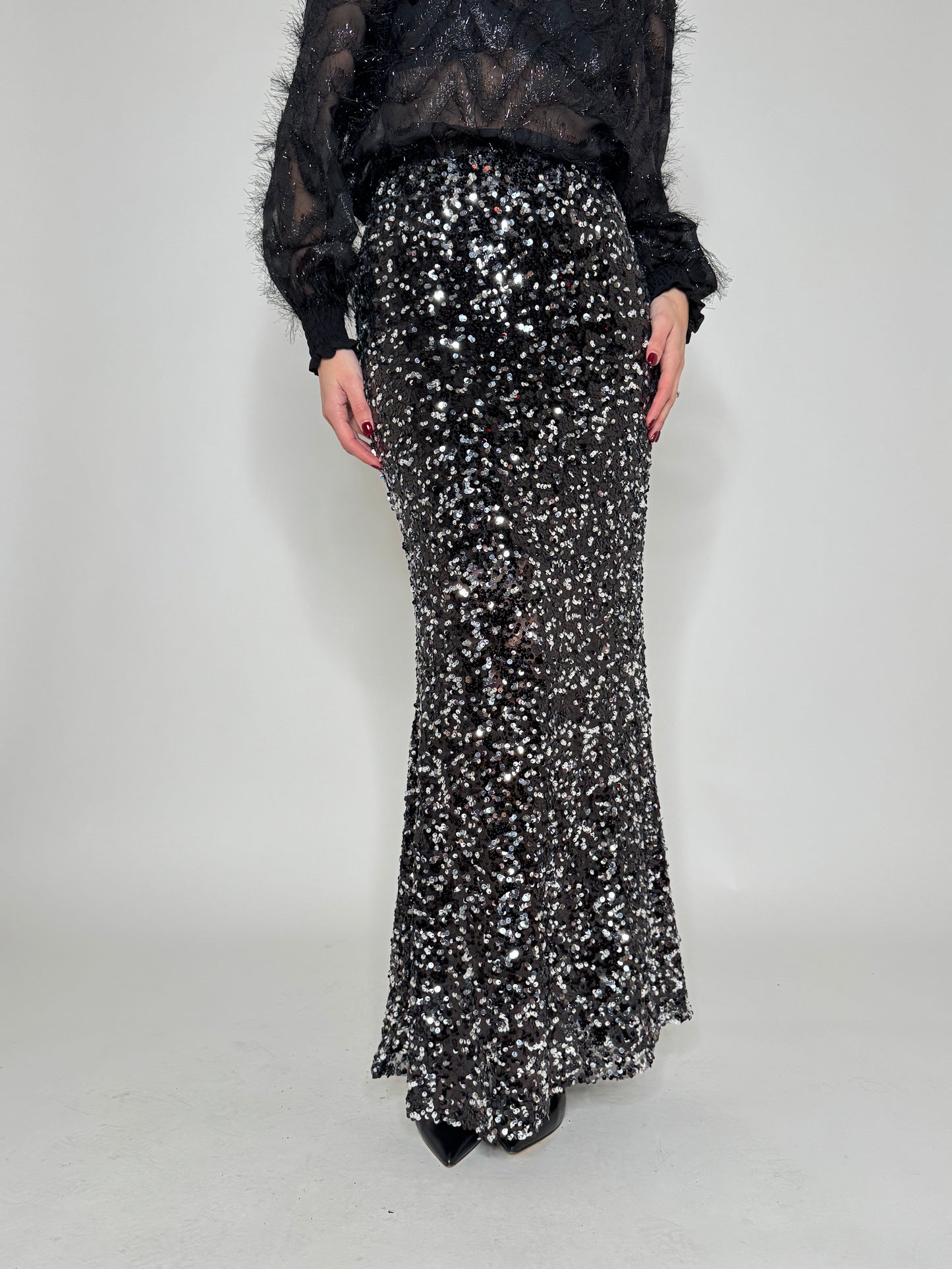 Gonna lunga pailletes argento