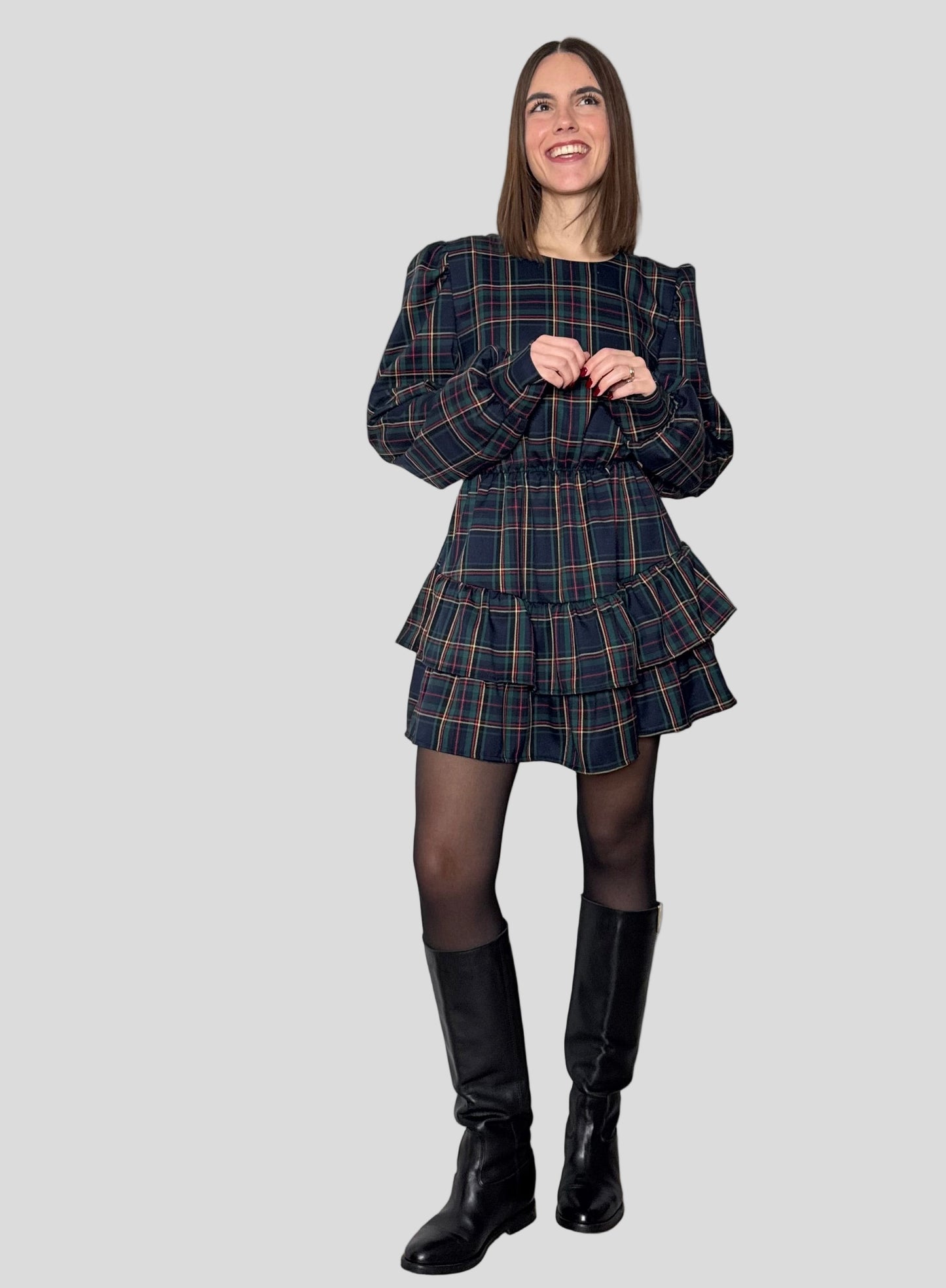 Abito Svolazzante Tartan in viscosa Verde/blu