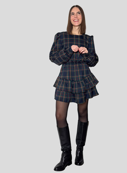 Abito Svolazzante Tartan in viscosa Verde/blu