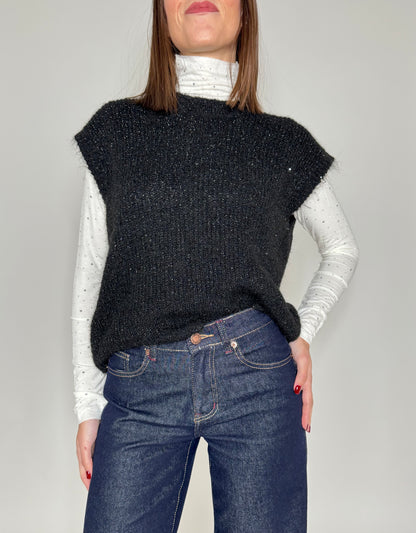 Gilet in maglia calda viscosa filo lurex nero