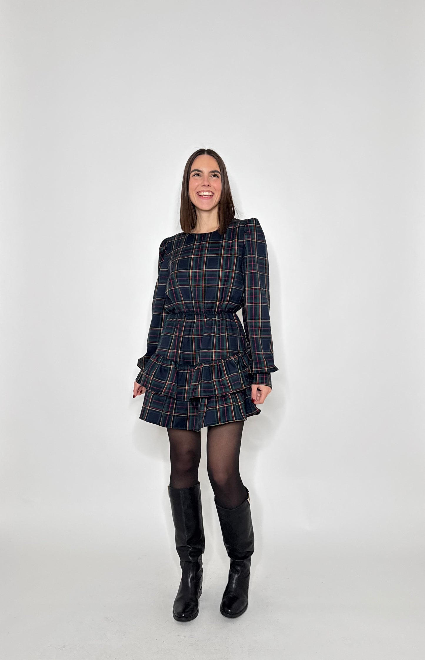 Abito Svolazzante Tartan in viscosa Verde/blu