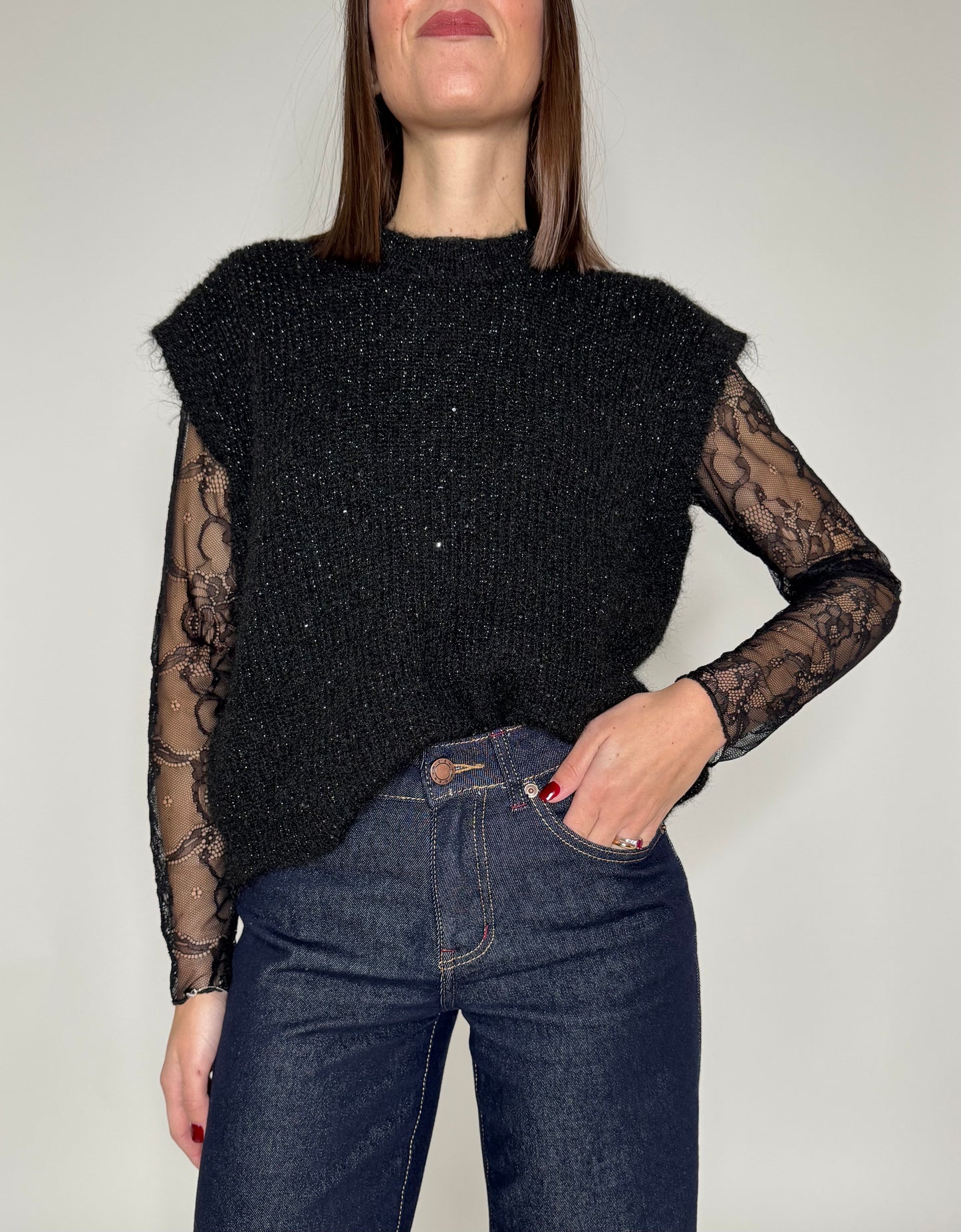 Gilet in maglia calda viscosa filo lurex nero