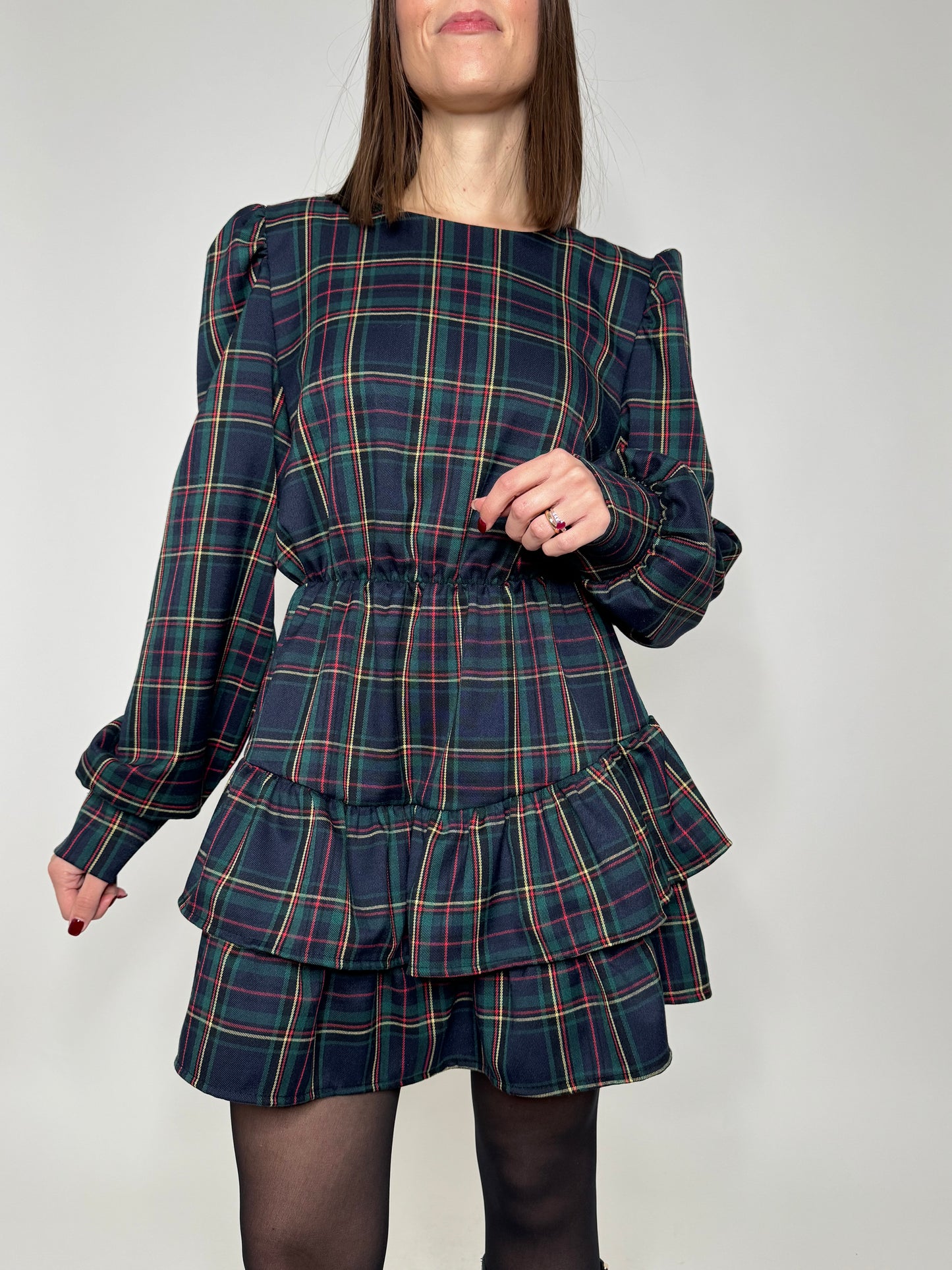 Abito Svolazzante Tartan in viscosa Verde/blu