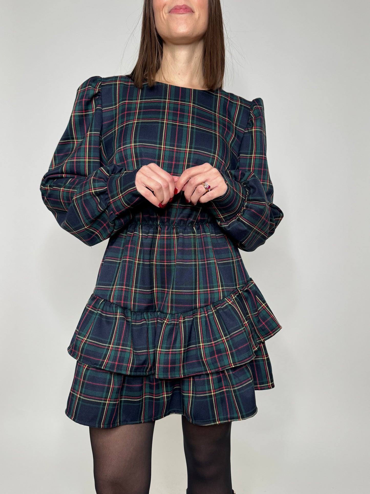 Abito Svolazzante Tartan in viscosa Verde/blu