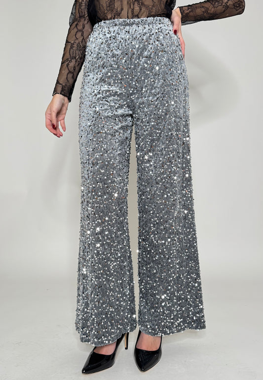 Pantalone paillettes in viscosa argento