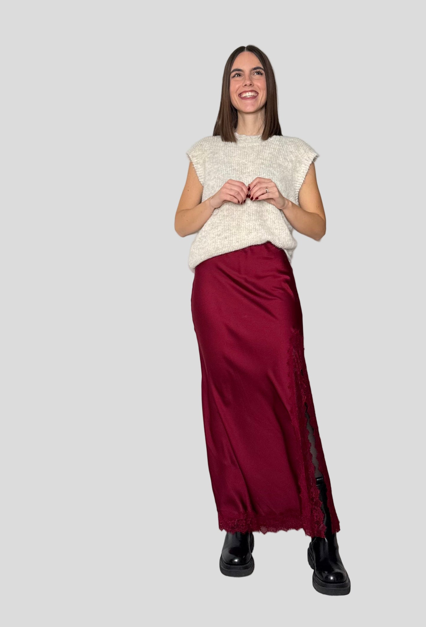 Gonna lunga satin pizzo Ludo Bordeaux