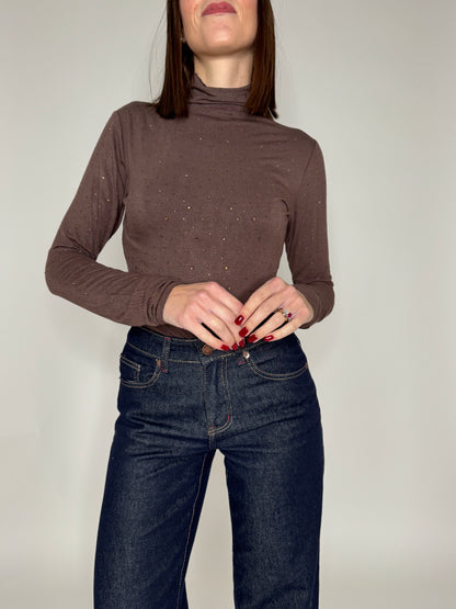 Maglia taglio laser mezzo collo in misto viscosa strass Moro