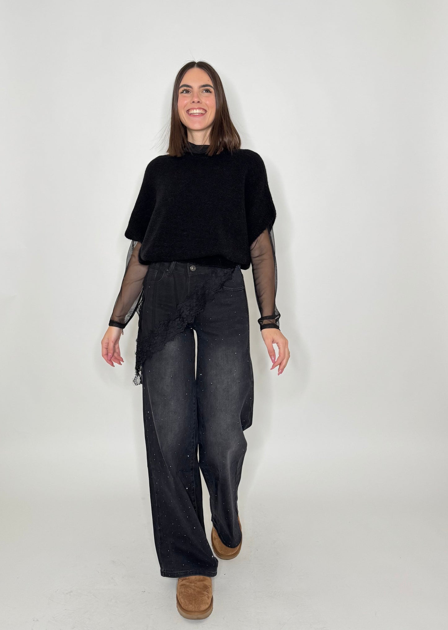 Maglia tulle e pizzo asimmetrica nero