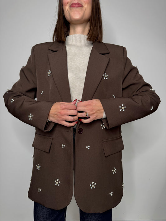 Giacca monopetto swarovski e perle moro