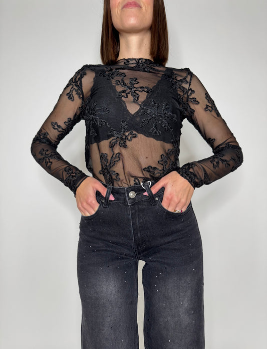 Maglia tulle ricamato nero