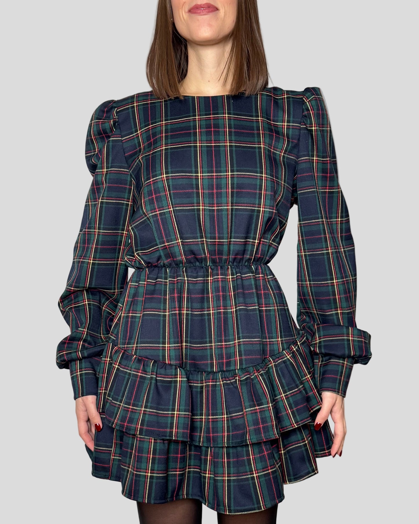 Abito Svolazzante Tartan in viscosa Verde/blu