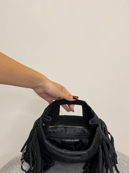Borsa scamosciata Nera Vera pelle Frange