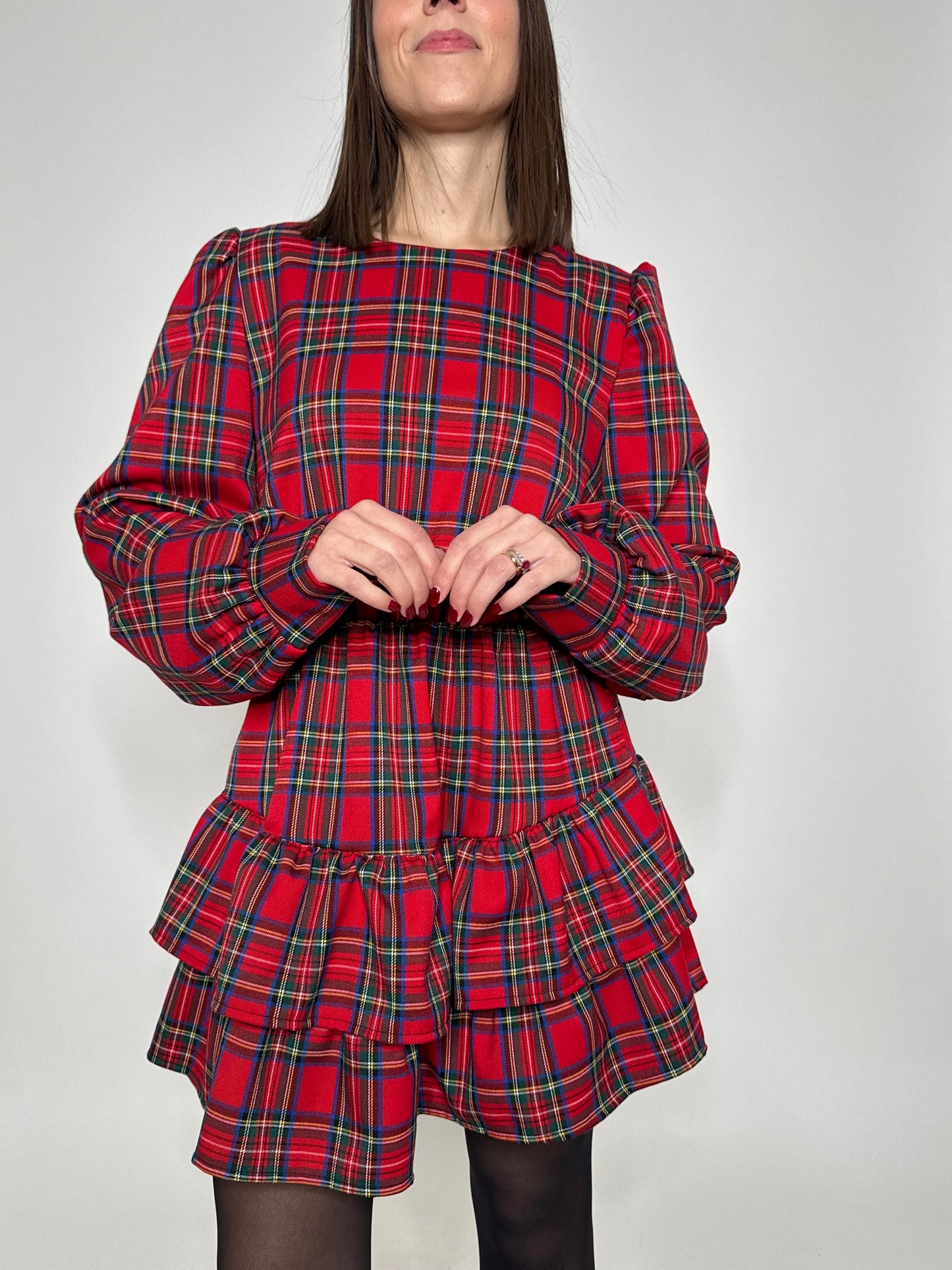 Abito Svolazzante Tartan in viscosa Rosso