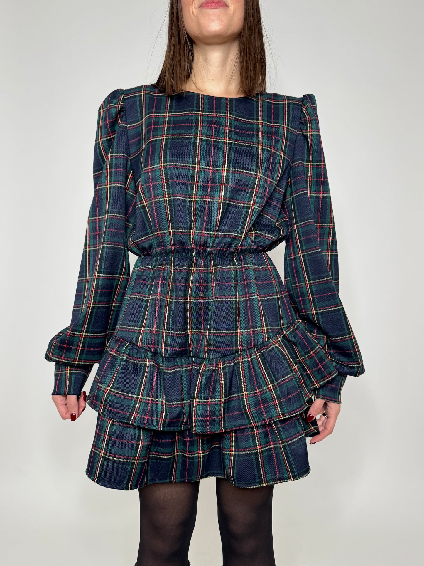 Abito Svolazzante Tartan in viscosa Verde/blu