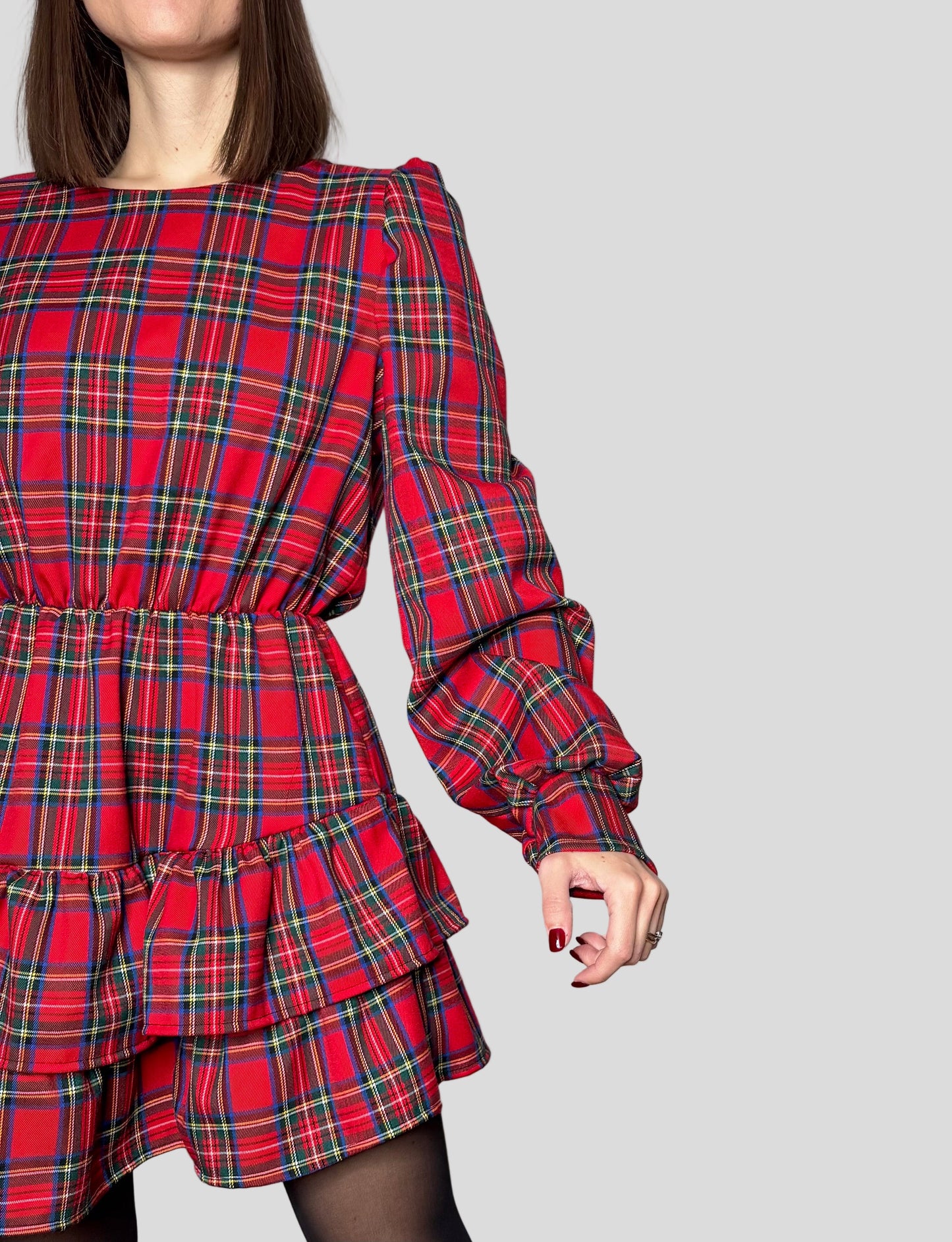 Abito Svolazzante Tartan in viscosa Rosso