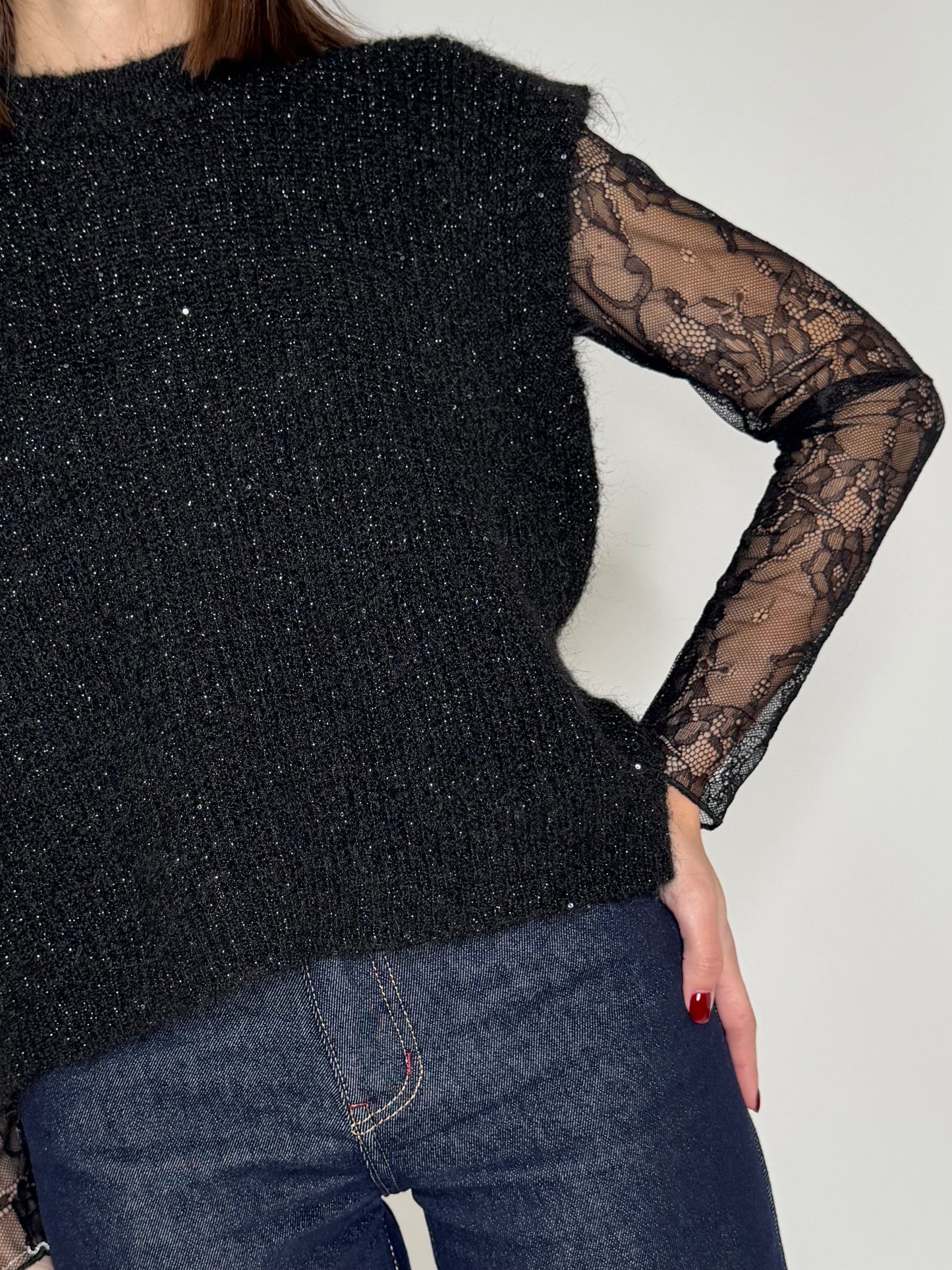 Gilet in maglia calda viscosa filo lurex nero