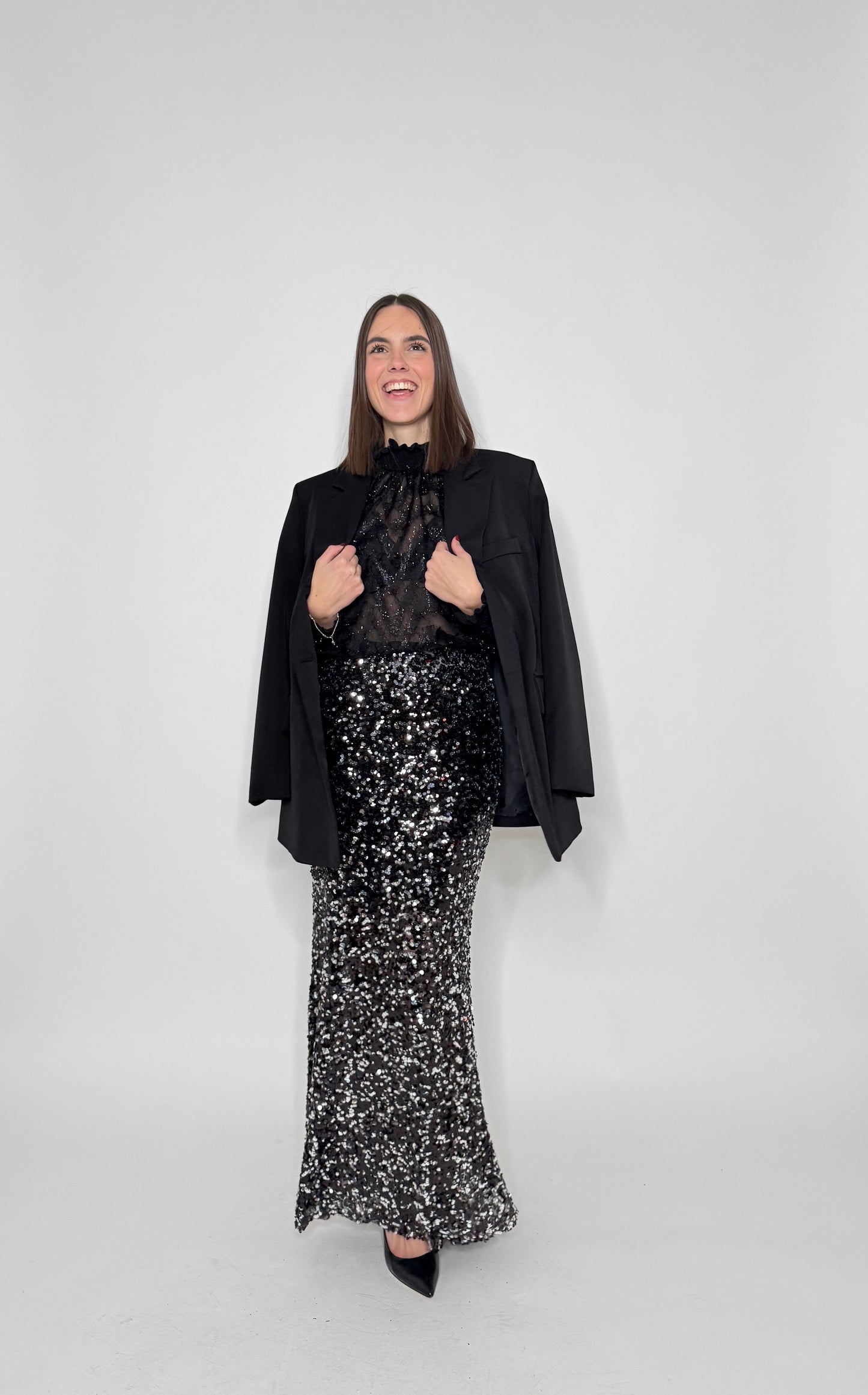 Gonna lunga pailletes argento