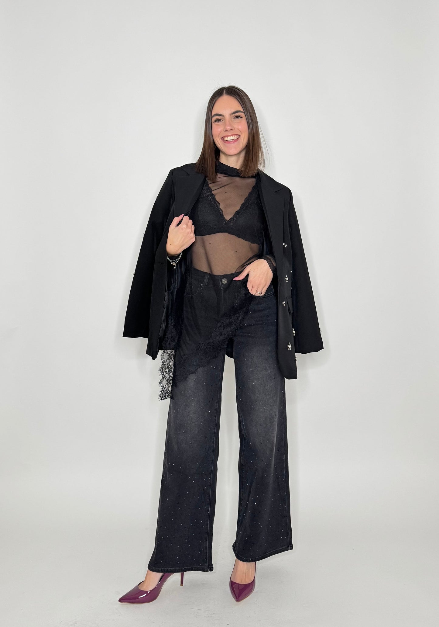 Maglia tulle e pizzo asimmetrica nero