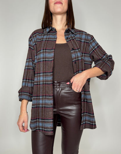 Camicia check in flanella cioccolato/celeste