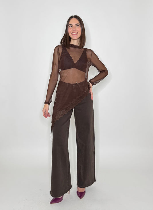 Maglia tulle e pizzo asimmetrica Cioccolato