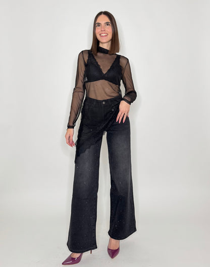 Maglia tulle e pizzo asimmetrica nero