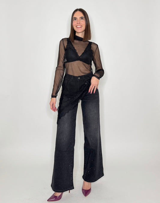 Maglia tulle e pizzo asimmetrica nero