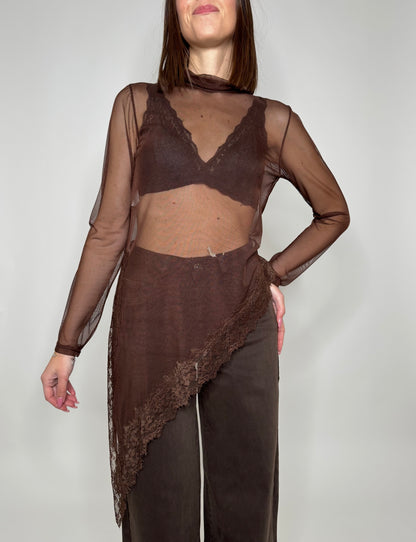 Maglia tulle e pizzo asimmetrica Cioccolato
