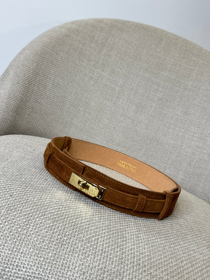 Cintura alta regolabile stile Hermès in vera pelle camoscio cuoio 4cm