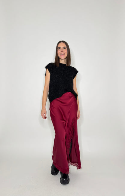 Gonna lunga satin pizzo Ludo Bordeaux