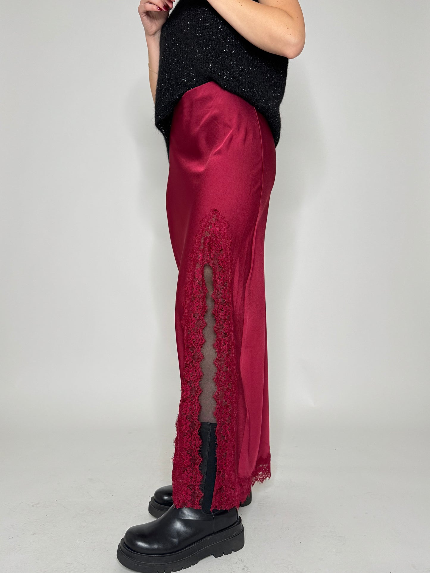 Gonna lunga satin pizzo Ludo Bordeaux