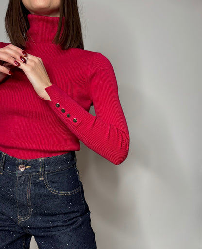 Maglia dolcevita in calda viscosa a costine Rossa