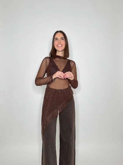 Maglia tulle e pizzo asimmetrica Cioccolato