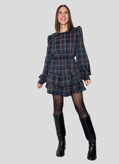 Abito Svolazzante Tartan in viscosa Verde/blu