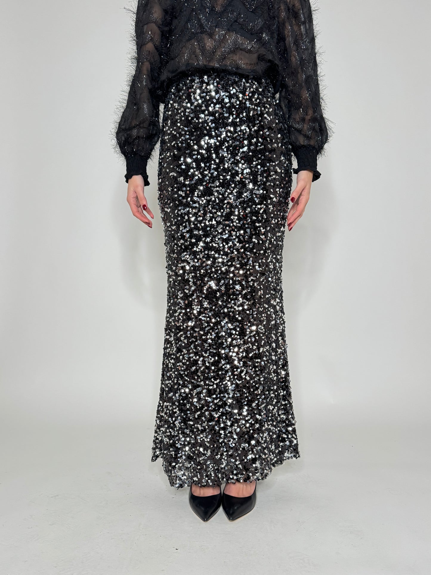 Gonna lunga pailletes argento